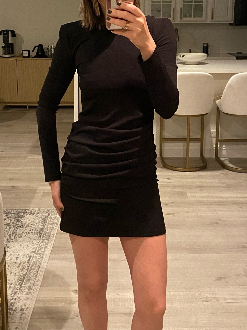 Black Long-Sleeve Ruched Mini Dress